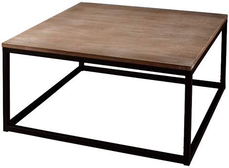 Table basse industrielle, pieds en métal, plateau en bois